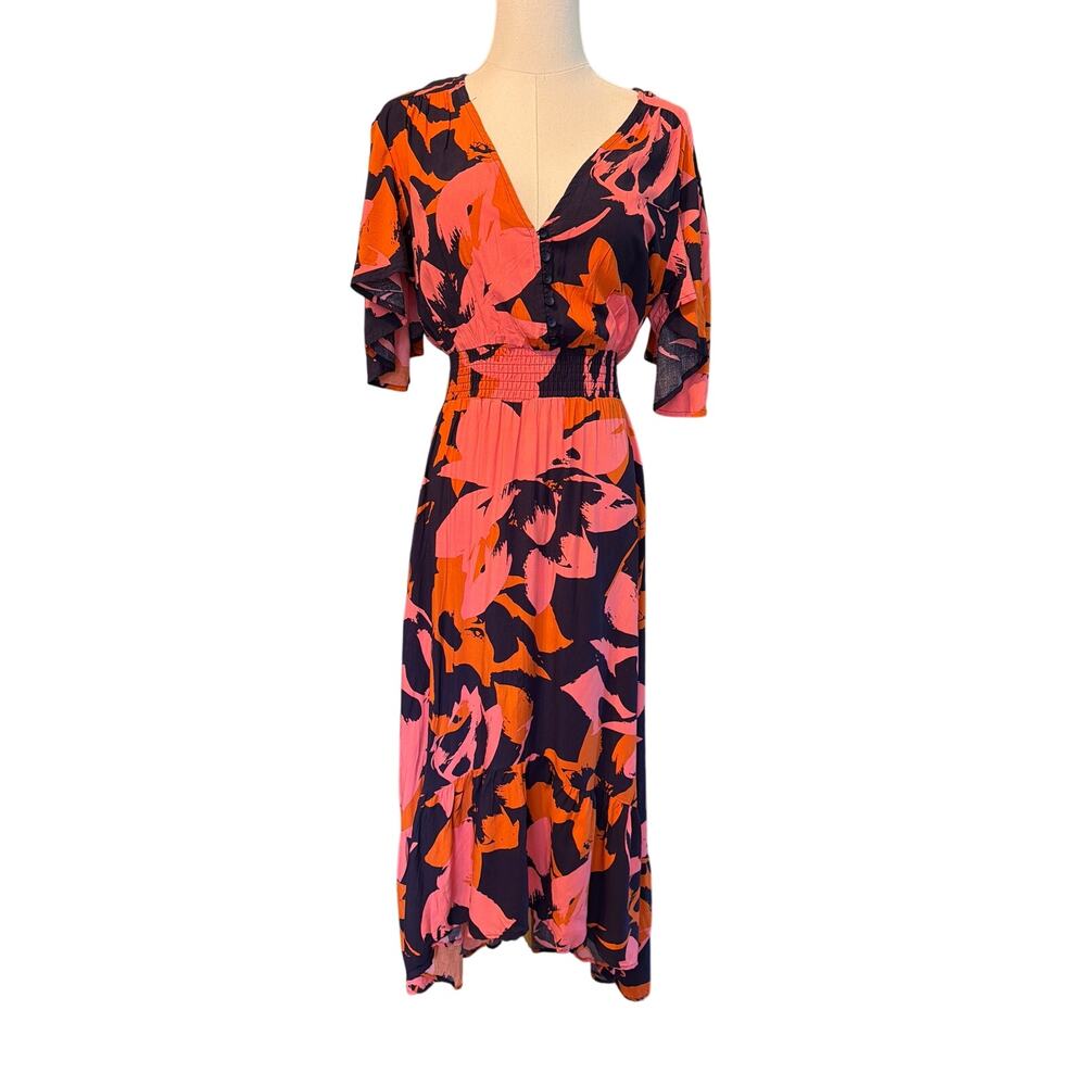 Abel the Label “Clare” Floral High Low Maxi Dress. Pink/orange/blue. Size XS